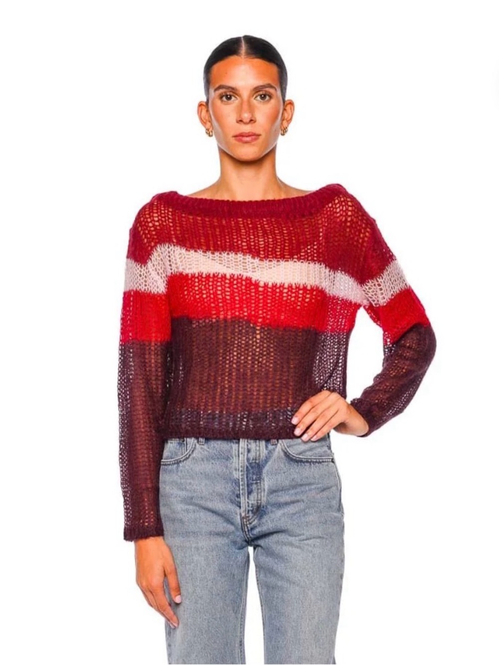 Staud Tessa Striped Mohair Wool Open Knit Off Shoulder Sweater Small